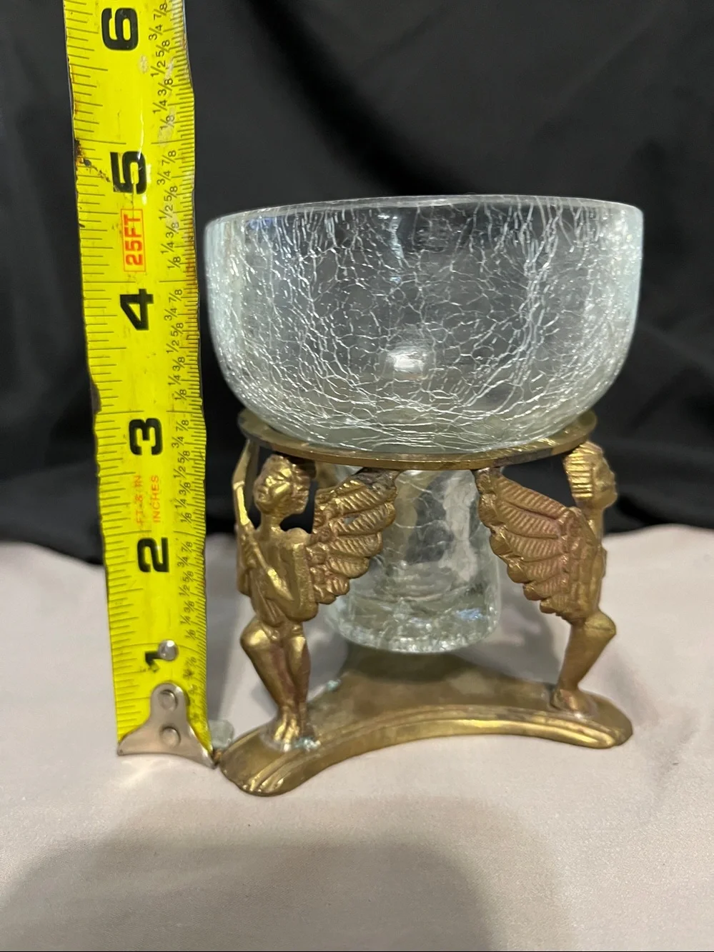 Pair of vintage brass and crackle glass cherub candle holder.